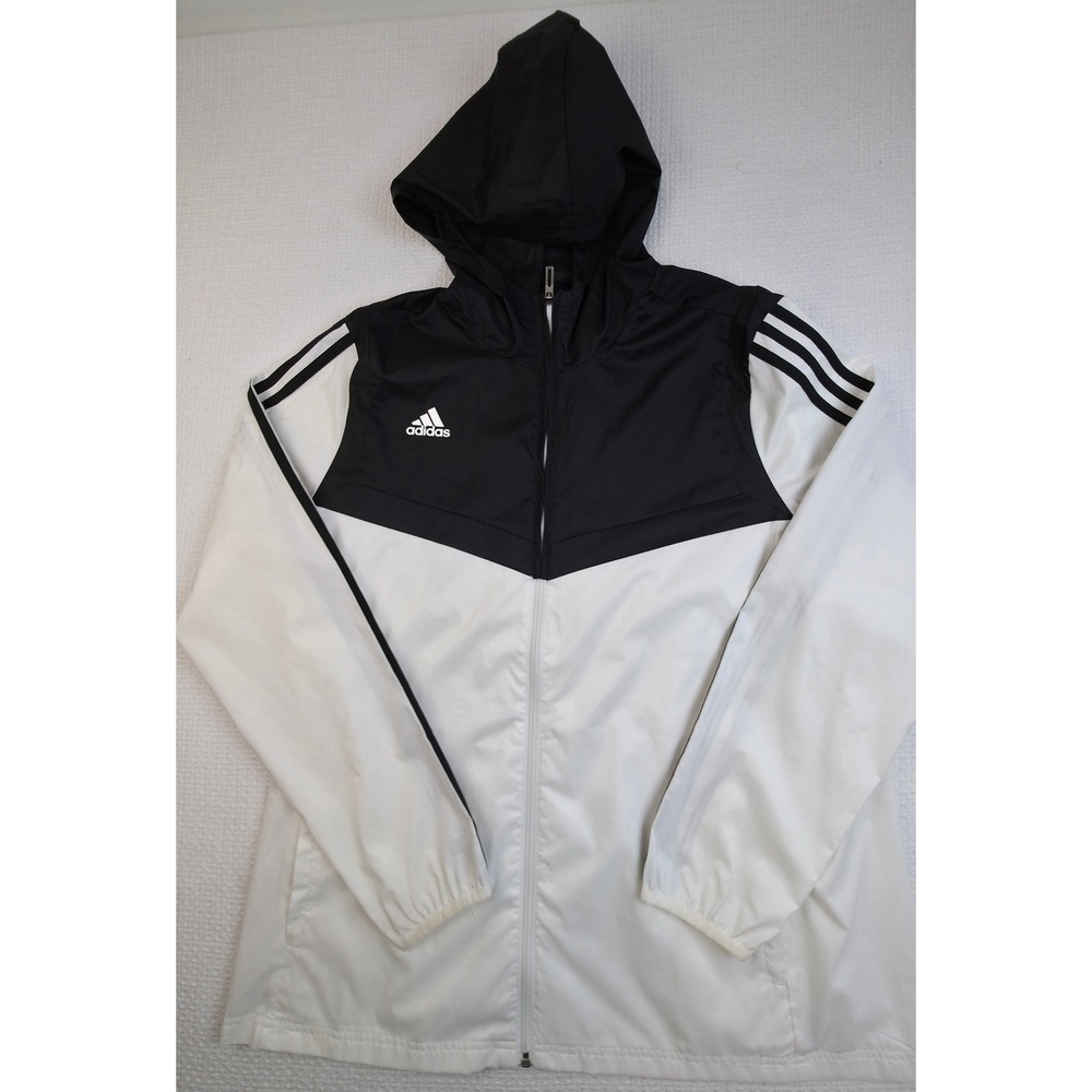 Adidas Windbreaker Jacket Womens XL White Black Full Zip Hooded DY0099